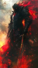 Dark armored warrior wreathed in flames holding sword