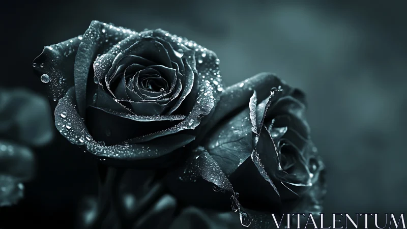 Black Rose with Crystalline Frost and Dew Droplets