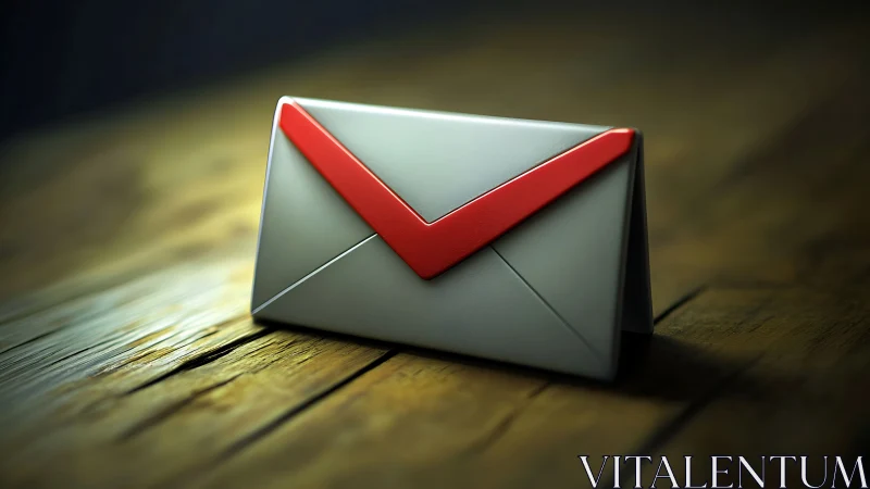 White Envelope with Red Checkmark on Wooden Surface