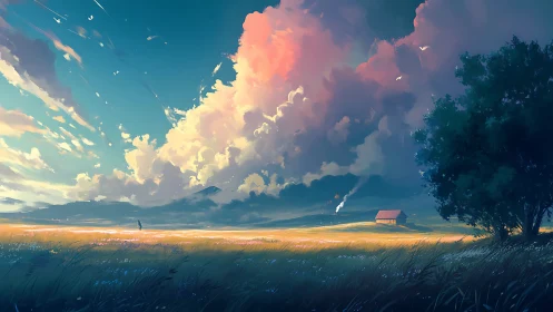 Atmospheric rural fieldscape with volumetric sunset clouds.