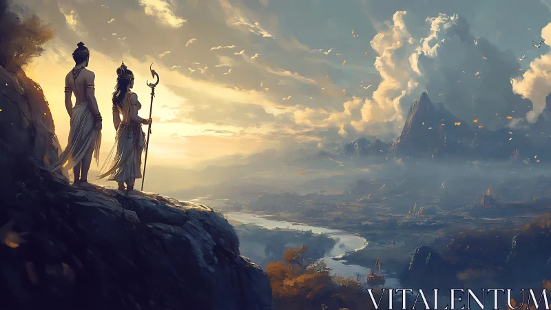 Divine wanderers survey sunlit valley and stormbound peaks.