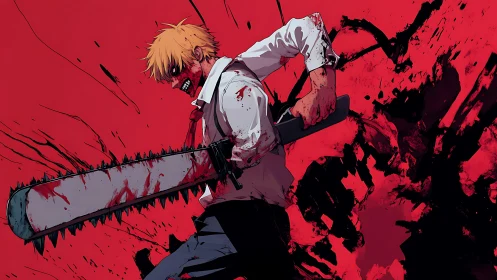 Blood-soaked chainsaw warrior slashes through crimson void.
