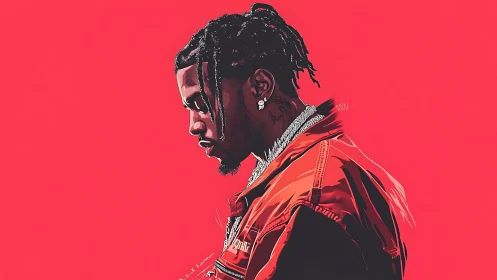 Profile portrait of pensive man in red jacket on bold red.