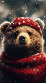 Winter portrait of bear in knitted red hat and scarf under snow