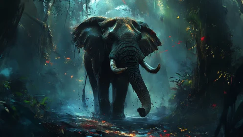 Elephant walking through dense misty forest environment.