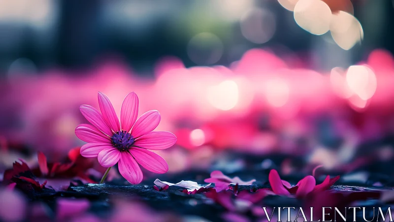 Pink Daisy Flower on Dark Surface with Bokeh Background