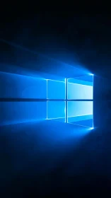 Neon window portal carves luminous paths through deep blue dusk.