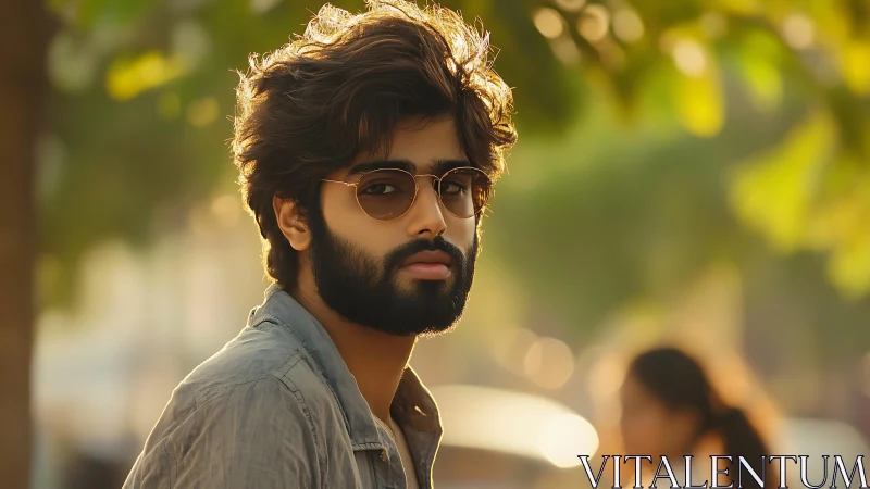 Bearded man in golden hour street portrait with sunglasses.
