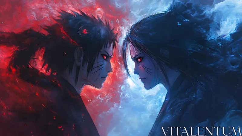 Rival warriors lock gazes amid swirling red and blue energy