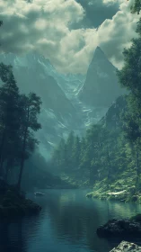 Glacial valley river under volumetric clouds and atmospheric haze