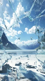 Shattered glass fragments frame a hyperreal glacial fjord vista