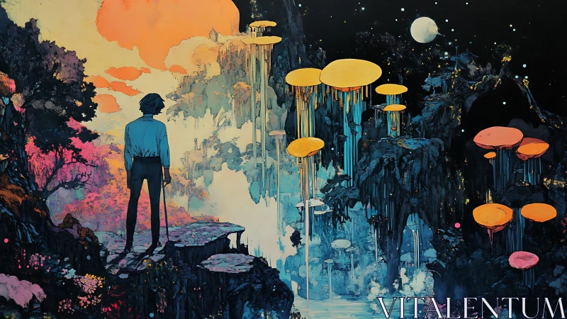 Solitary figure observes layered alien cliffs and floating forms