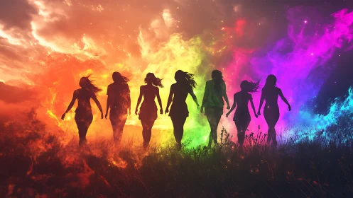 Silhouetted Women Walking Through Vibrant Rainbow-Colored Mist.