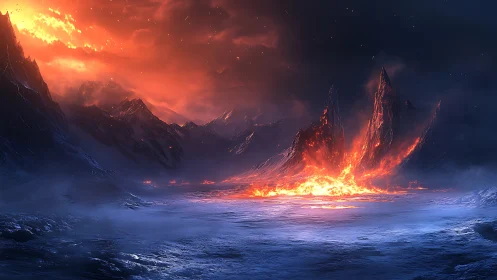 Volcanic eruption with fire peaks and snow landscape