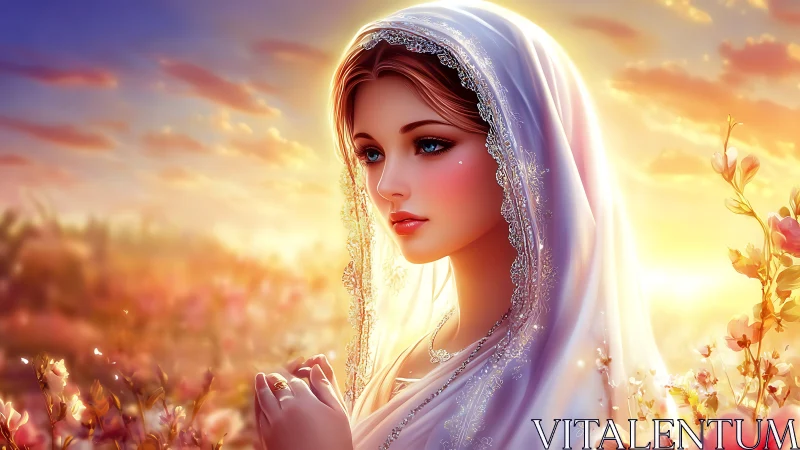 Digital painting portrait with luminous floral sunrise field.