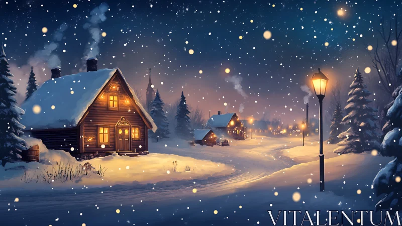 Snowy village cabins under warm night lights in winter.