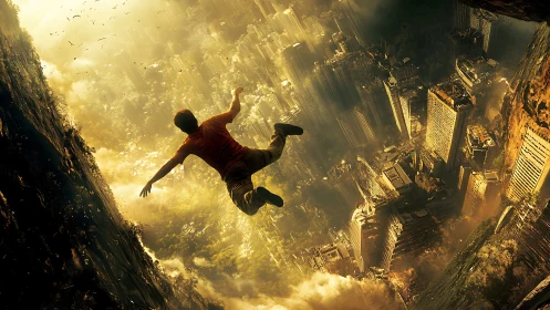 Inverted megacity freefall with volumetric golden haze.