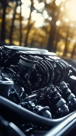 Engine components are shown in close-up against blurred trees