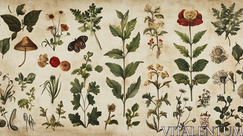 Vintage botanical plate displays assorted plants and insects