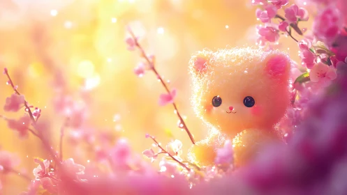 Fluffy pastel bear toy among glowing pink blossoms.
