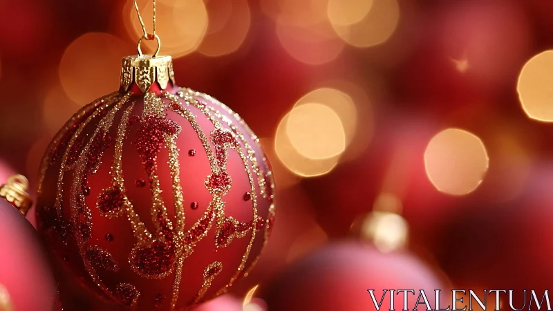 Red glass bauble with glitter scrolls amid warm bokeh glow.