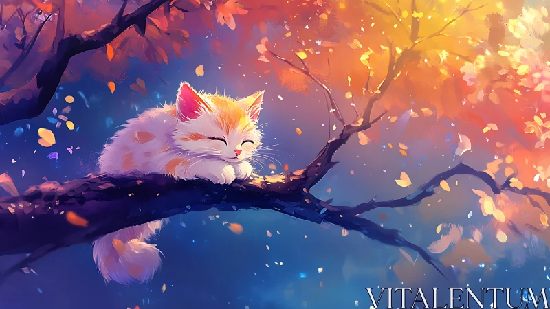 Fluffy Cat on Branch Among Autumn Leaves.