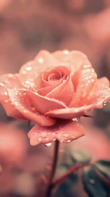 Coral rose glistens, crowned with dewdrops in soft focus