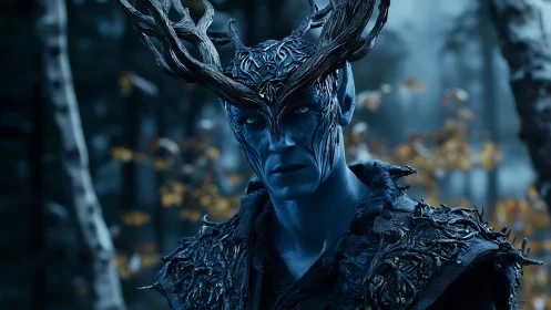 Antlered blue forest guardian confronts the viewer in silence.