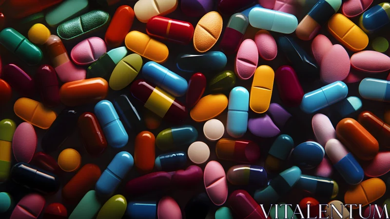 Candy-colored chaos of capsules in a vibrant medicine storm.