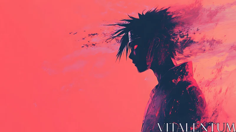 Side-lit ninja silhouette dissolving into scarlet storm.