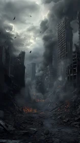 Twisted skyscraper ruins under storm-choked apocalyptic sky.