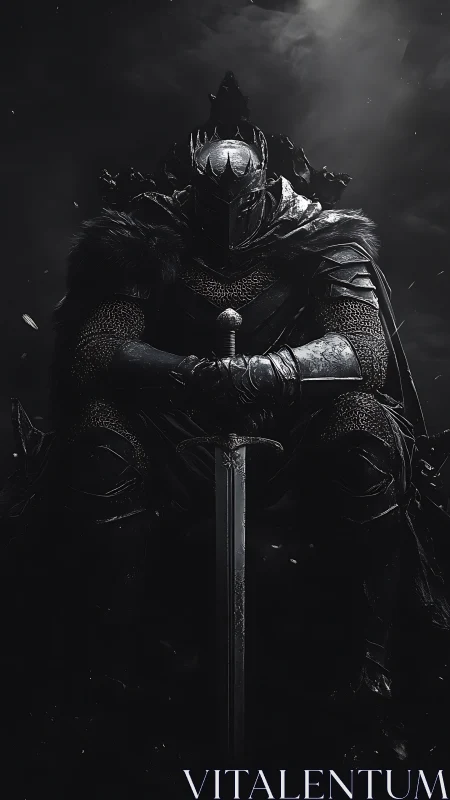 Armored monarch seated with sword in low-key lighting.