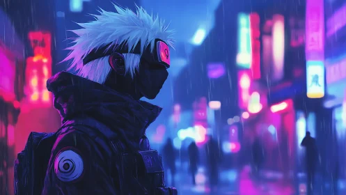 Hooded cybernetic scout in neon‑lit rainy alleyway observes crowd