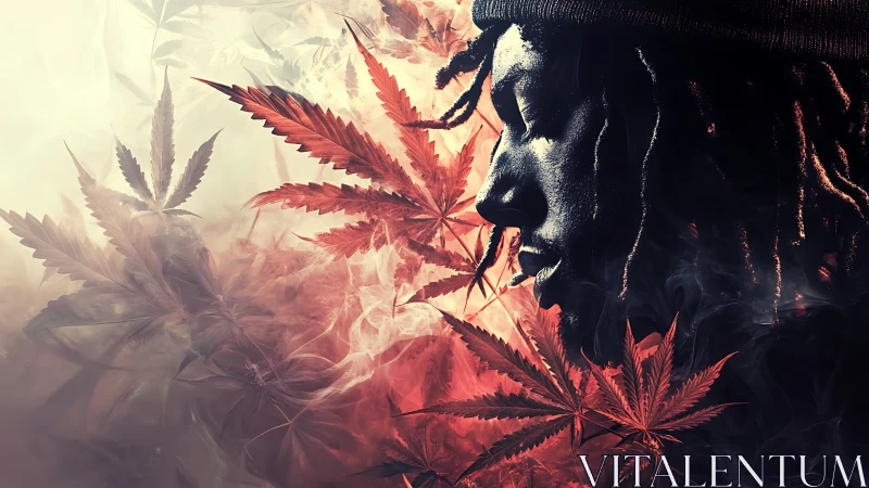 Smoke-draped dreamer drifts through crimson cannabis constellations