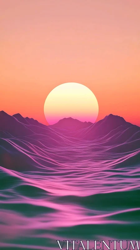 Dreamy neon sunset melts over soft rolling digital waves