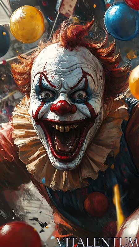Hyperreal carnival clown in kinetic close-up perspective.