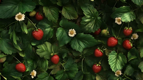 Strawberry constellations hiding beneath a glossy leaf canopy.
