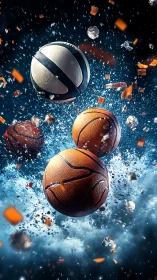 Exploding basketball cluster in cinematic slow motion storm.