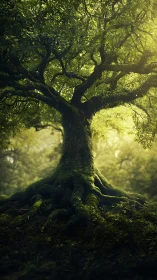 Ancient mossy tree with sprawling roots in golden forest.