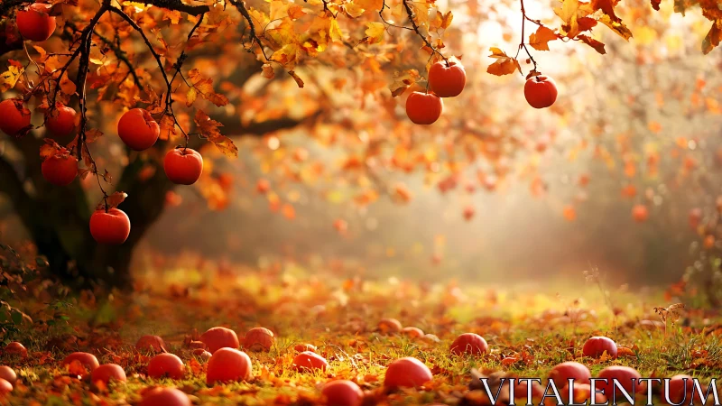 Ripe pumpkins hanging and scattered in warm autumn orchard