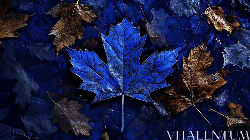 Blue maple leaf contrast against dark autumn foliage.