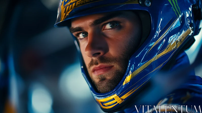 Photorealistic close-up portrait of focused race driver.