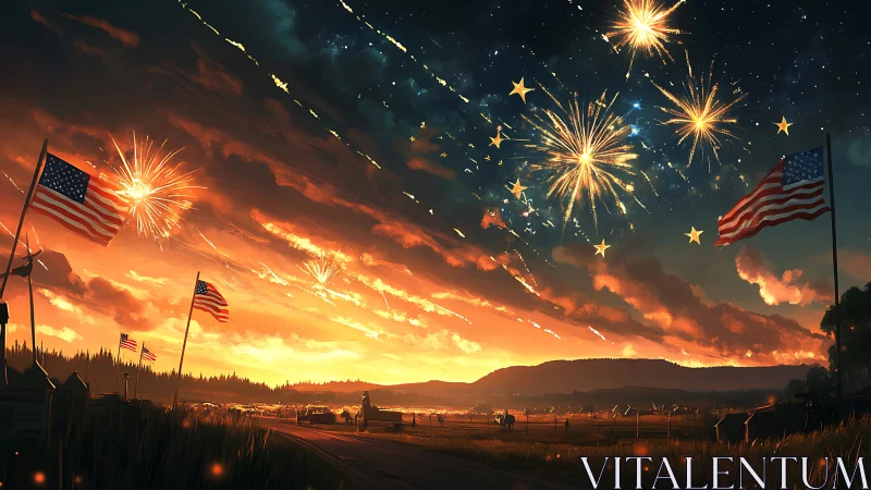 Fireworks over rural landscape with American flags at dusk.
