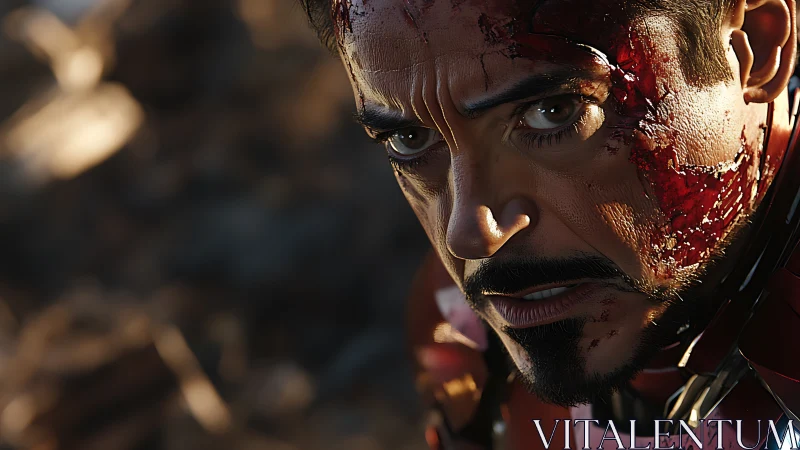 Battle damaged armored hero with intense, focused stare.