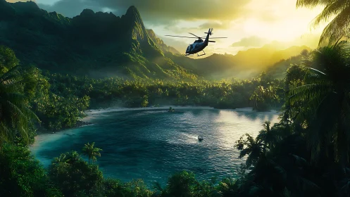 Sunlit helicopter glides over a hidden tropical island bay