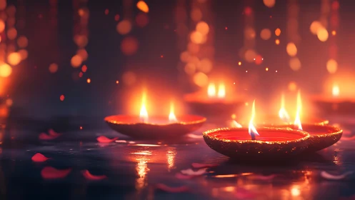 Gentle festival diyas glowing with soft, welcoming warmth.