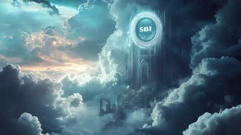 Digital painting of a celestial data citadel with SBI portal.