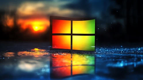 Backlit quadrants logo on reflective wet surface at dusk.