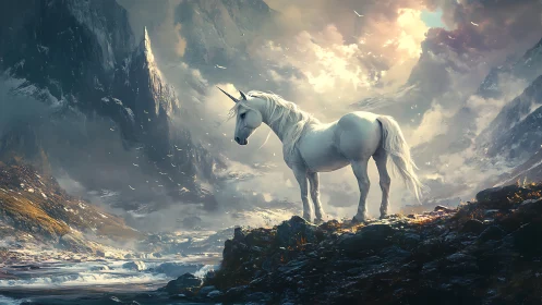 Majestic unicorn on stormlit alpine ridge, fantasy painting.