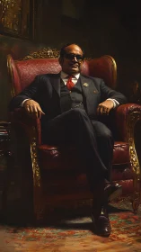 Regal gentleman reclining in a richly gilded armchair.